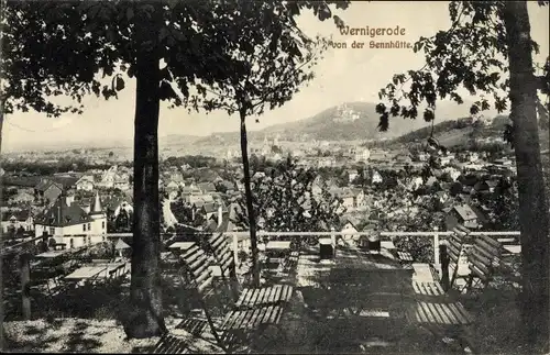 Ak Wernigerode am Harz, Ort von der Sennhütte gesehen, Terrasse