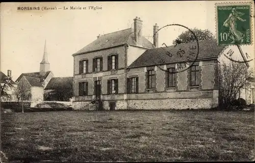 Ak Morsains Marne, La Mairie et l'Eglise