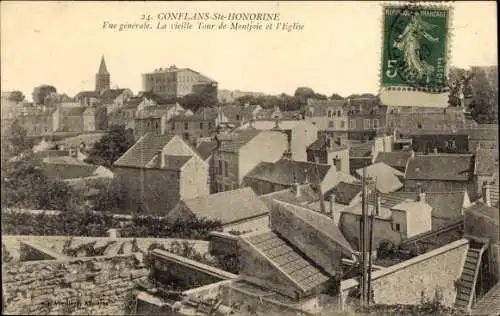 Ak Conflans Sainte Honorine Yvelines, Vue generale, La vieille Tour de Montjoie et l'Eglise