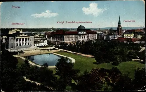 Ak Poznań Posen, Stadttheater, Paulikirche, Königliche Ansiedlungskommission