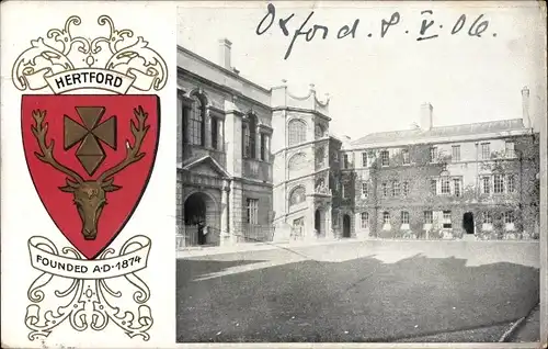 Wappen Ak Oxford South East England, Hertford College founded AD 1874