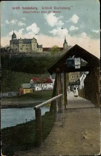 Ak Lunzenau Mittelsachsen, Gräfl. Schönburg, Schloss Rochsburg, Hängebrücke über die Mulde