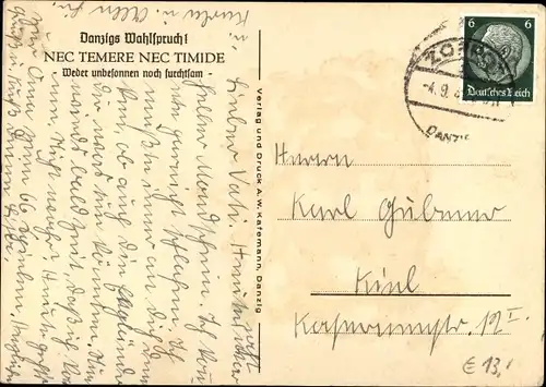 Wappen Ak Gdańsk Danzig, Stadtwappen, Nec temere nec timide