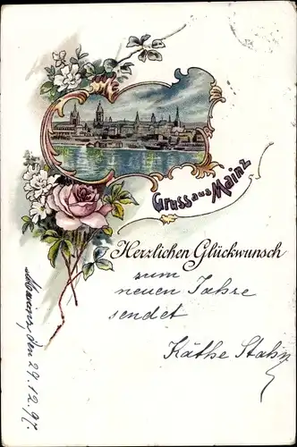 Litho Mainz am Rhein, Stadtbild, Blumen, Rose