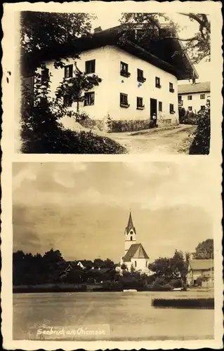 Ak Seebruck am Chiemsee, Pension, Kirche, Wasseransicht