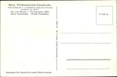 Ak Bonn am Rhein, Waldrestaurant Casselsruhe, Außenansicht, Blick auf den Ort