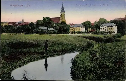 Ak Königsbrück in der Oberlausitz, Partie an der Pulsnitz mit Kirche