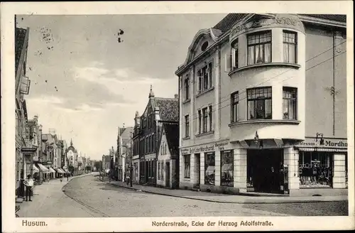 Ak Husum in Nordfriesland, Norderstraße, Ecke Herzog Adolfstraße, Geschäft Mordhorst