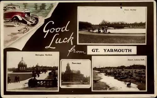Ak Great Yarmouth East of England, Beach, Railway, Town Hall, Wellington Gardens