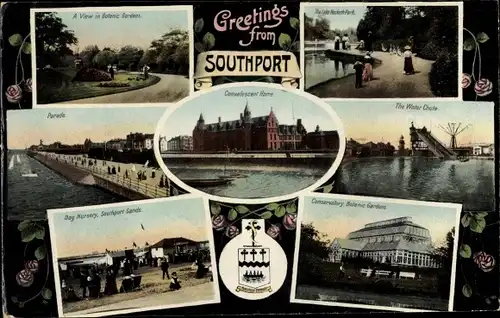 Wappen Ak Southport North West England, Botanic Gardens, Water Chute, Sands, Parade