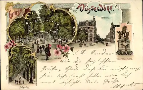 Litho Düsseldorf am Rhein, Seufzerallee, Tonhalle, Elberfelderstraße, Kaiser Wilhelm Denkmal