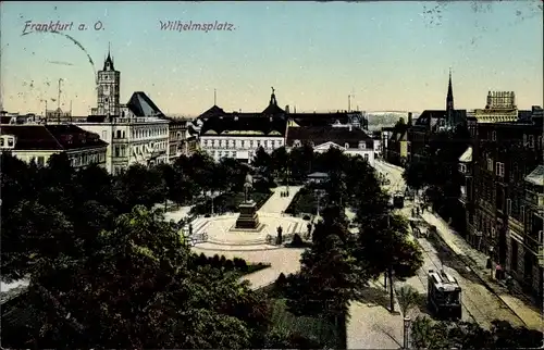 Ak Frankfurt an der Oder, Wilhelmsplatz aus der Vogelschau, Straßenbahn