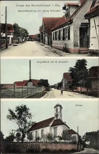 Ak Kurtzenhouse Kurzenhausen Bas Rhin, Spezereihandlung, Ziegelfabrik, Kirche