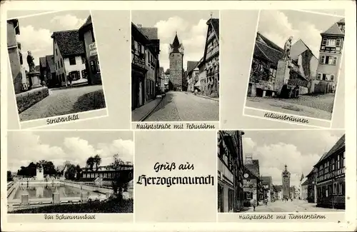 Ak Herzogenaurach in Bayern, Kiliansbrunnen, Schwimmbad, Fehnturm, Strassenansicht