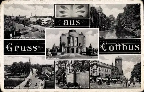 Ak Cottbus in der Niederlausitz, Kaiser Wilhelm Platz, Mühlgraben, Denkmal, Spremberger Tor