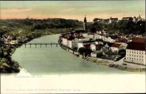 Ak Burghausen an der Salzach Bayern, Teilansicht mit Ach