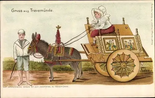 Künstler Litho Travemünde Lübeck, Japanischer Wagen mit Zwergesel