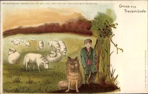Künstler Litho Travemünde Lübeck, Bursche mit Schäferhund und Schafen