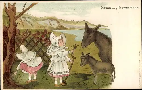 Künstler Litho Travemünde Lübeck, Mädchen füttern die Esel