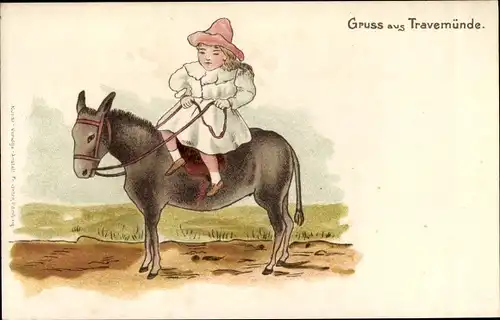 Künstler Litho Travemünde Lübeck, Mädchen reitet auf dem Esel