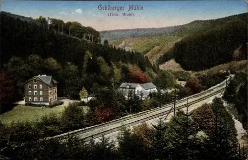 Ak Gehlberg in Thüringen, Hotel Pension Gehlberger Mühle, Tal der wilden Gera, Bahnstrecke