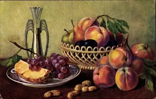 Künstler Ak Früchtestillleben, Pfirsiche, Weintrauben, Ananas, Erdnüsse