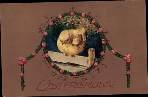 Passepartout Präge Litho Glückwunsch Ostern, Kleines Osterküken, Rosen