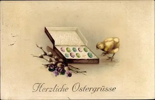 Ak Glückwunsch Ostern, Osterküken, Ostereier, Veilchen, Weidenkätzchen