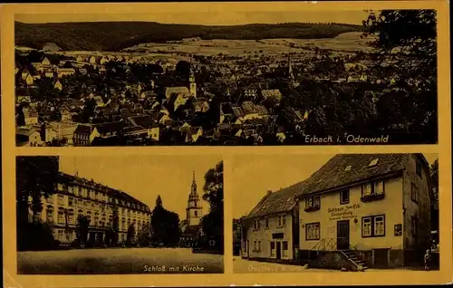 Ak Erbach im Odenwald Hessen, Totalansicht, Schloss, Kirche, Gasthaus Zum Eck