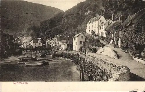 Ak Lynmouth Devon, River, Street View, Boats