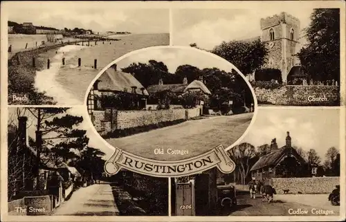 Ak Rustington South East England, Beach, Church, The Street, Cudlow Cottages