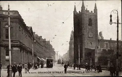 Ak Newcastle upon Tyne North East England, Grainger Street, Straßenbahn