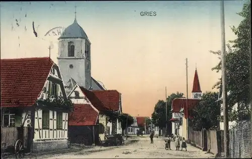 Ak Gries Elsass Bas Rhin, Straßenpartie, Kirche