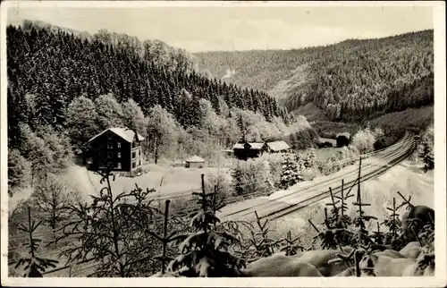 Ak Gehlberg in Thüringen, Hotel Pension Gehlberger Mühle, Tal der wilden Gera, Bahnstrecke, Winter