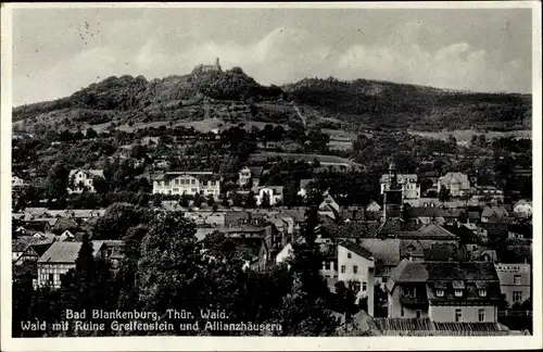 Ak Bad Blankenburg in Thüringen, Wald mit Ruine Greifenstein und Allianzhäusern