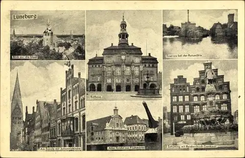 Ak Lüneburg in Niedersachsen, Rathaus, alter Krahn, Ratsmühle, Schütting mit Denkmal, Johanniskirche
