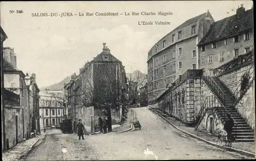 Ak Salins les Bains Jura, Rue Considérant et Charles Magnin, Ecole Voltaire