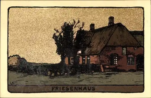 Steindruck Ak Friesenhaus mit Reetdach