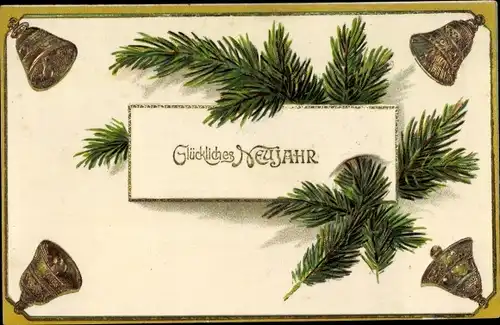 Präge Litho Glückwunsch Neujahr, Glocken, Tannenzweige