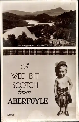 Ak Aberfoyle Perthshire Schottland, Loch and Queen's View, Junge im Kilt