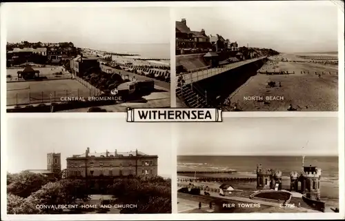 Ak Withernsea Yorkshire, North Beach, Pier Towers, Convalescent Home and Church, Promenade