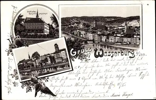 Litho Wasserburg am Inn in Oberbayern, Realschulpensionat, Totalansicht der Stadt