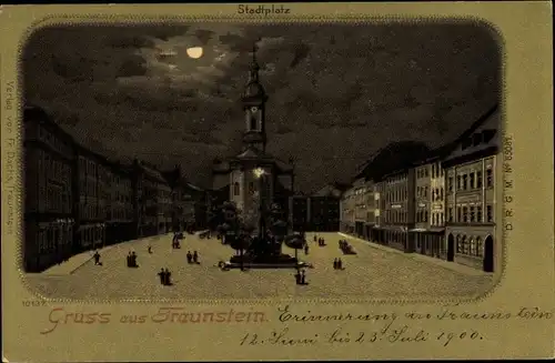 Mondschein Litho Traunstein in Oberbayern, Stadtplatz