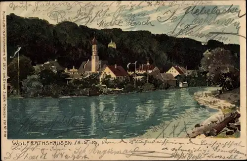 Litho Wolfratshausen in Oberbayern, Blick auf den Ort, Flusspartie