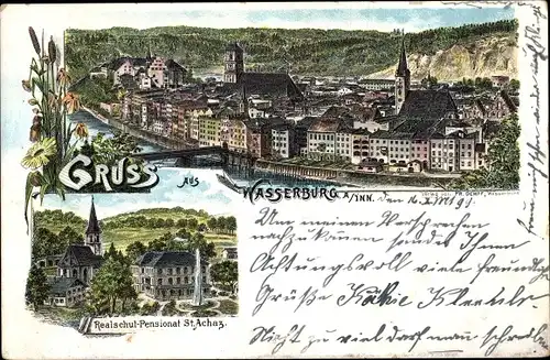 Litho Wasserburg am Inn in Oberbayern, Realschul Pensionat St. Achaz, Panorama