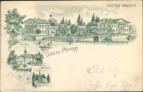 Litho Planegg Oberbayern, Gasthof Bavaria, Schloss, Maria Eich