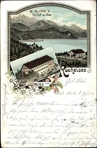 Litho Kochel am See in Oberbayern, M. Kuchler's Gasthof am See