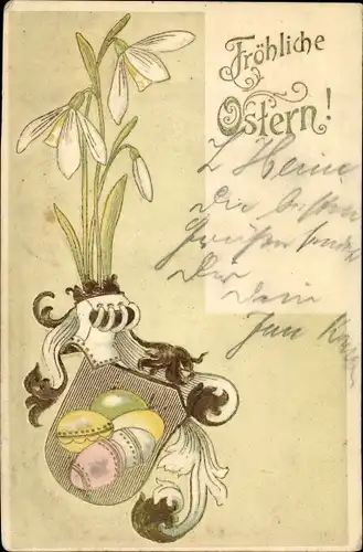 Präge Litho Glückwunsch Ostern, Ostereier, Ritterhelm, Schneeglöckchen