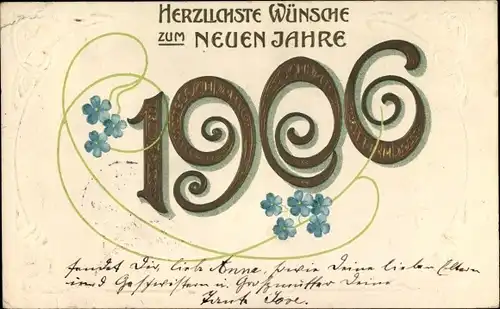 Präge Litho Glückwunsch Neujahr, Jahreszahl 1906, Vergissmeinnicht