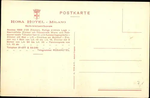 Ak Milano Mailand Lombardia, Dom, Rosa Hotel, Außenansicht